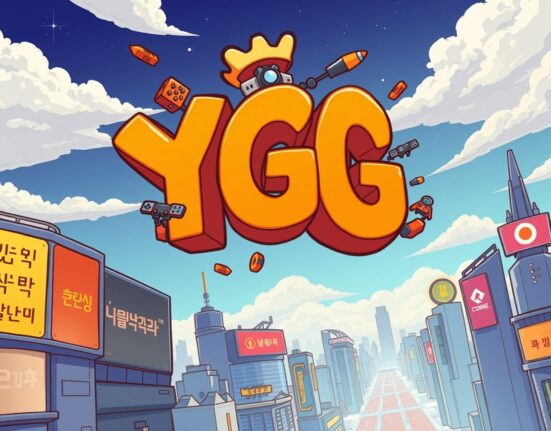 Cartoon illustration showing the Yield Guild Games (YGG) logo over a city, symbolizing new trading opportunities on Coinone.
