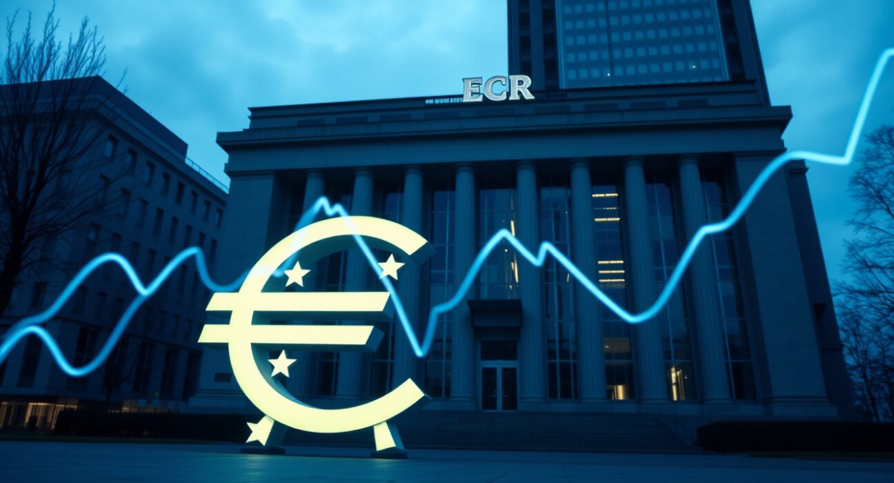 ECB building with digital euro symbol and downward chart lines