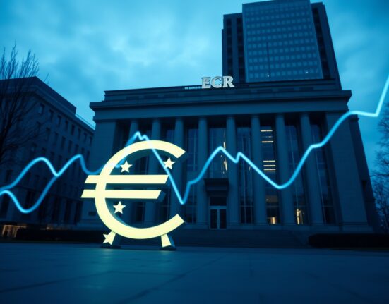 ECB building with digital euro symbol and downward chart lines