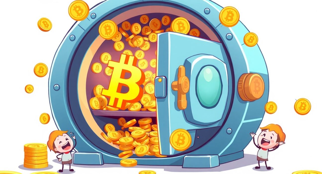 A vibrant cartoon illustration of YieldBasis's new fee distribution mechanism rewarding holders with Bitcoin.