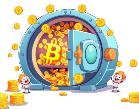 A vibrant cartoon illustration of YieldBasis's new fee distribution mechanism rewarding holders with Bitcoin.