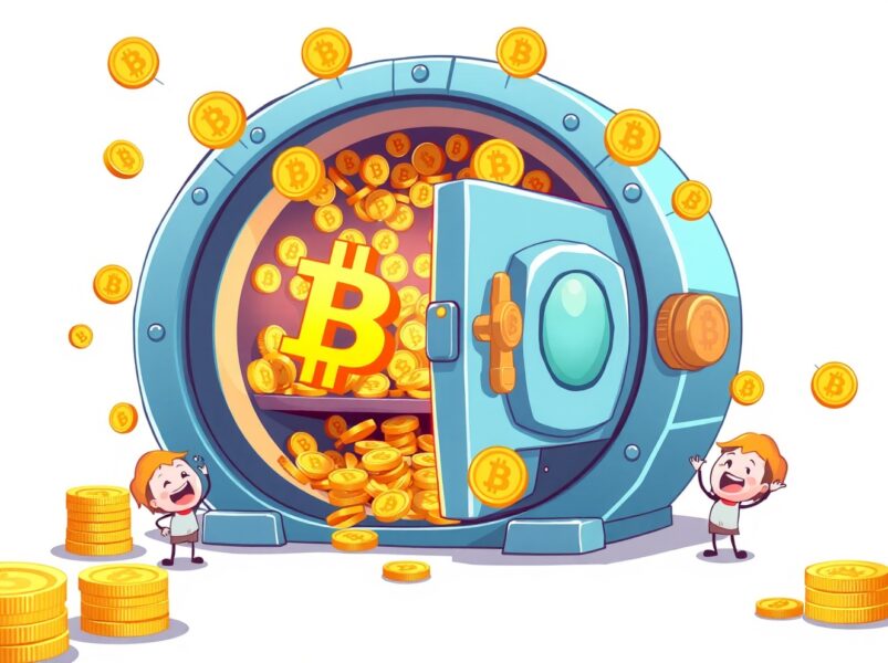 A vibrant cartoon illustration of YieldBasis's new fee distribution mechanism rewarding holders with Bitcoin.