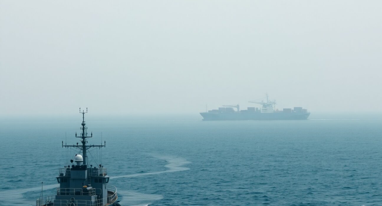 Container ship in the Bab el-Mandeb strait with a naval patrol vessel under overcast skies.