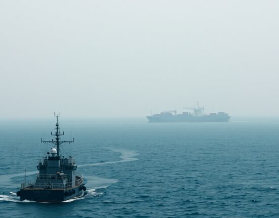 Container ship in the Bab el-Mandeb strait with a naval patrol vessel under overcast skies.