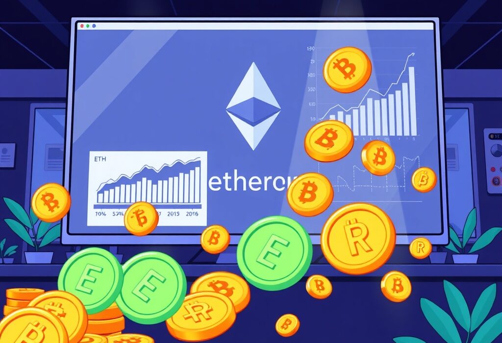 A cartoon illustration showing a successful financial firm highlighting significant Yiren Digital ETH holdings and robust loan growth.