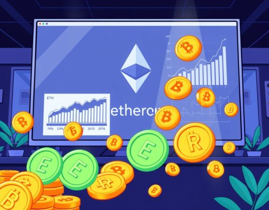 A cartoon illustration showing a successful financial firm highlighting significant Yiren Digital ETH holdings and robust loan growth.