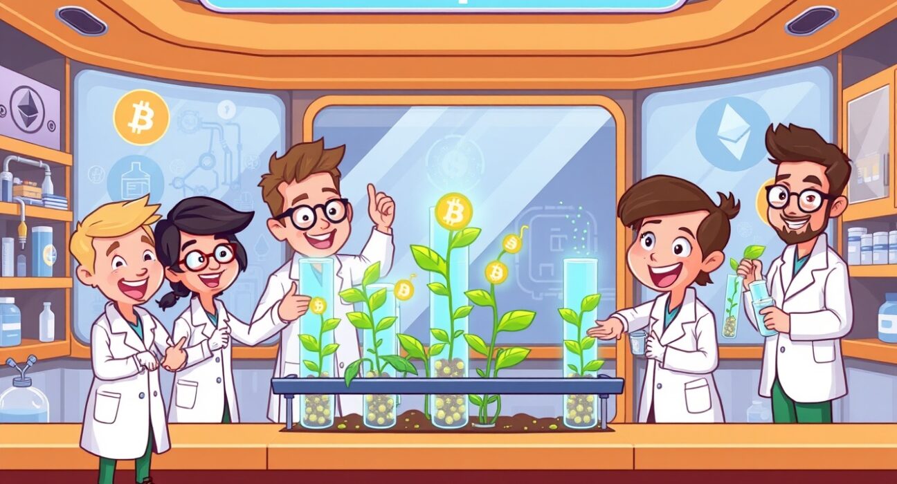 Cartoon illustration of YO Labs scientists optimizing cryptocurrency yield in a vibrant digital laboratory.