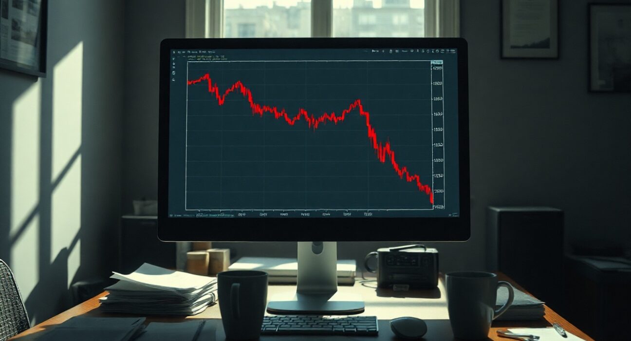 Computer monitor showing a sharp decline on a cryptocurrency price chart in a dim office setting.