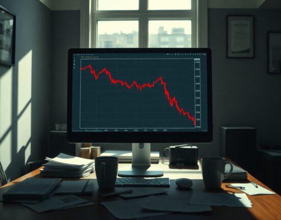 Computer monitor showing a sharp decline on a cryptocurrency price chart in a dim office setting.