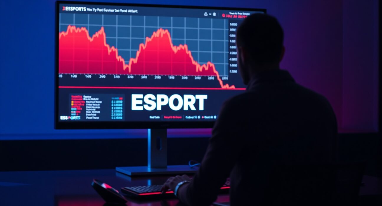 Computer monitor showing a cryptocurrency price chart with a sharp red decline, with a person typing in a dimly lit newsroom