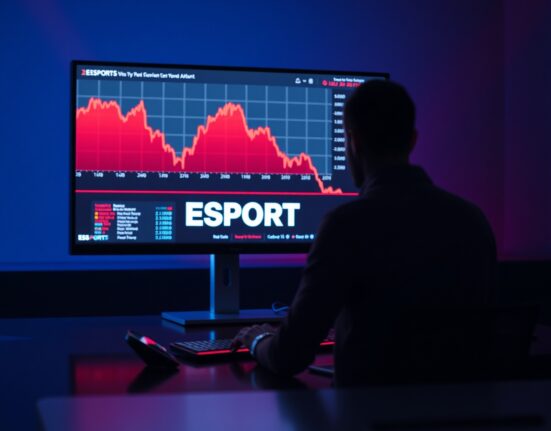 Computer monitor showing a cryptocurrency price chart with a sharp red decline, with a person typing in a dimly lit newsroom