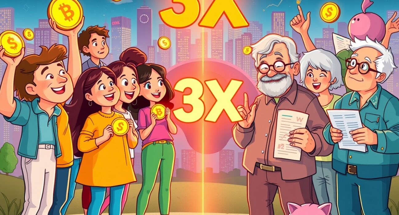Younger generations invest in crypto three times more than older generations in a vibrant cartoon showing a generational wealth shift.
