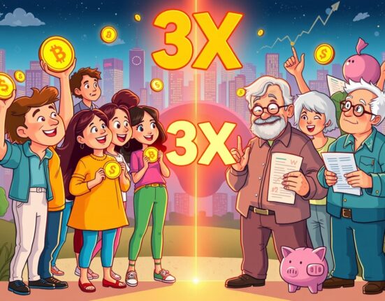 Younger generations invest in crypto three times more than older generations in a vibrant cartoon showing a generational wealth shift.