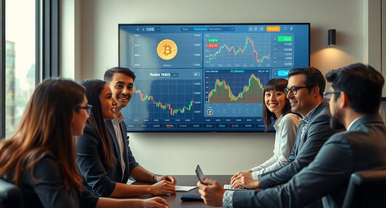 Young professionals reviewing cryptocurrency and alternative asset charts in a modern office