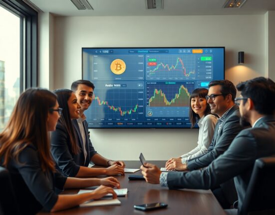 Young professionals reviewing cryptocurrency and alternative asset charts in a modern office