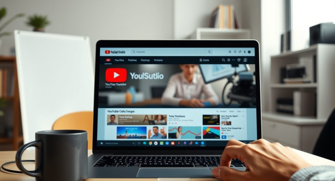 YouTube creator workspace with laptop showing Studio dashboard, representing policy updates on AI content monetization.