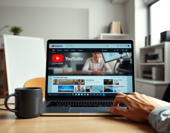 YouTube creator workspace with laptop showing Studio dashboard, representing policy updates on AI content monetization.