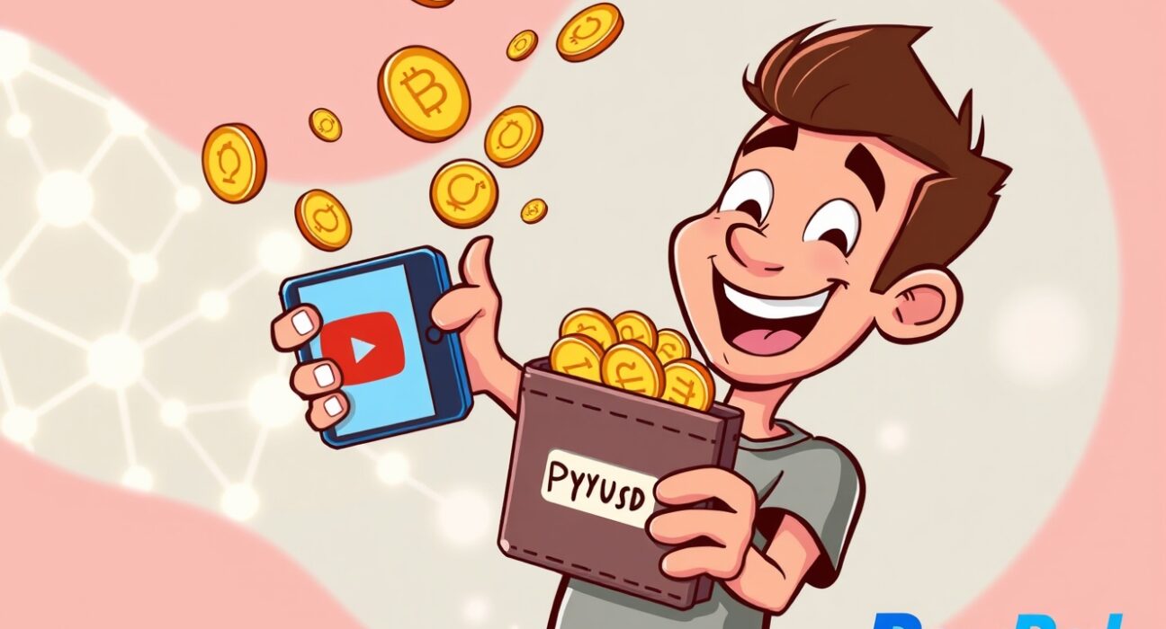Content creator receiving PYUSD stablecoin payments from YouTube in a vibrant digital economy scene.