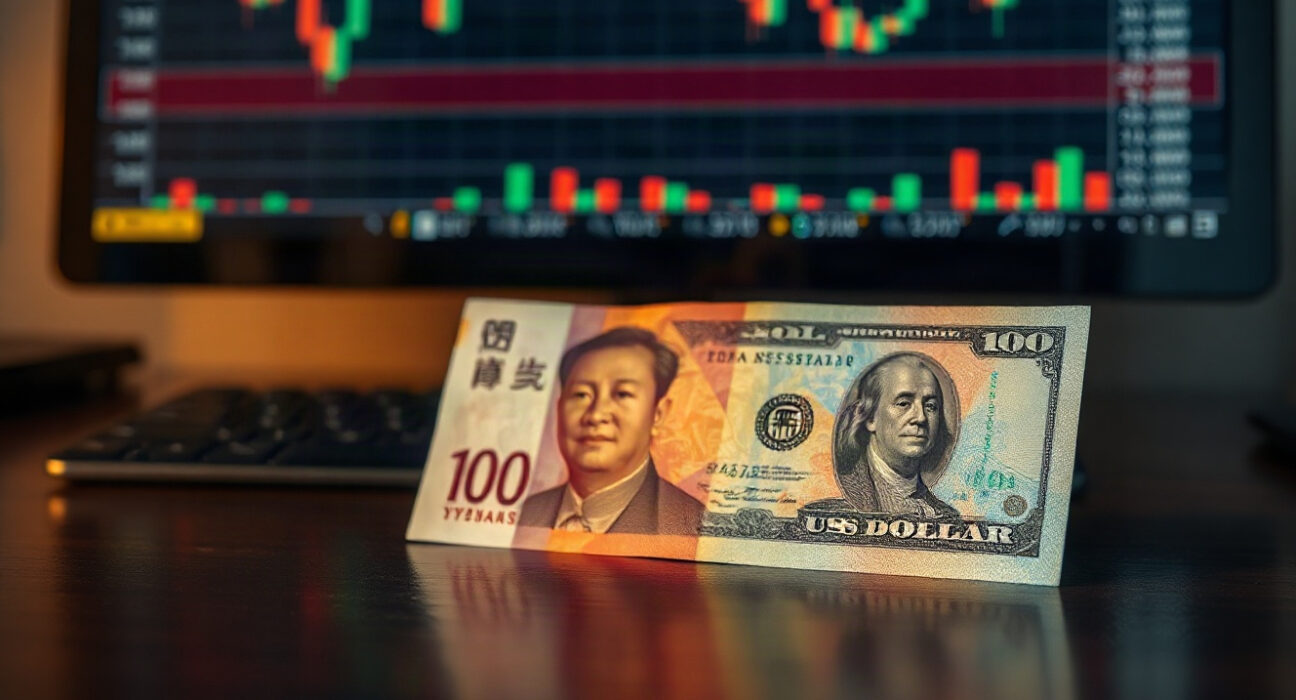 Chinese yuan and US dollar banknotes on a desk with a financial chart in the background