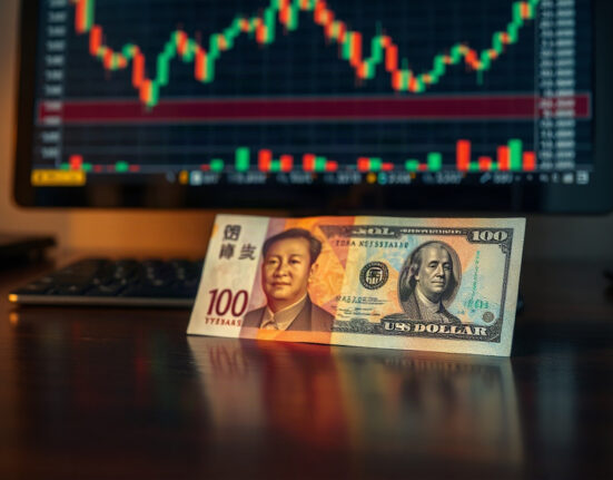 Chinese yuan and US dollar banknotes on a desk with a financial chart in the background