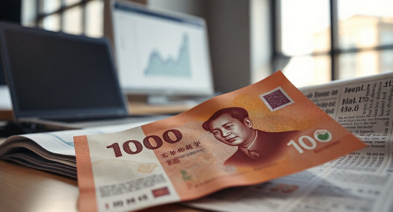 Chinese Yuan banknotes and financial newspaper on office desk, symbolizing currency market reaction to PMI data