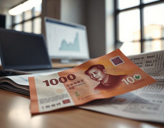 Chinese Yuan banknotes and financial newspaper on office desk, symbolizing currency market reaction to PMI data