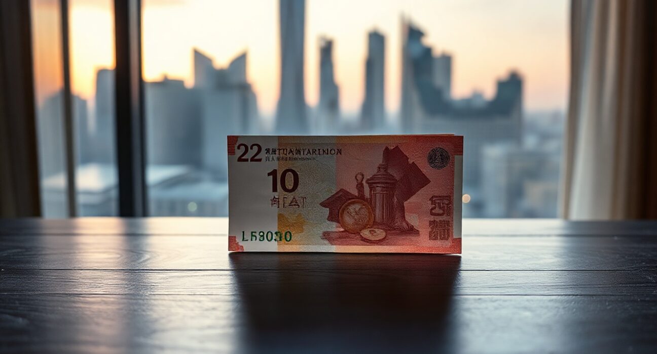 Chinese yuan banknotes and coins on a desk with a financial district background