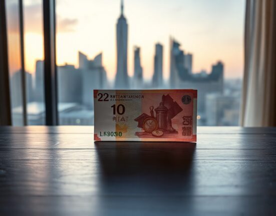 Chinese yuan banknotes and coins on a desk with a financial district background