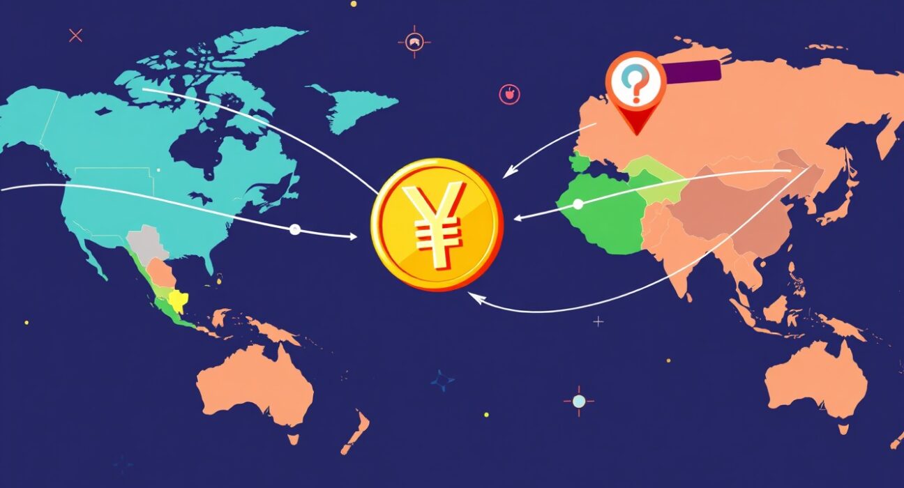 A cartoon illustration showing the secure and efficient flow of a yuan stablecoin facilitating global cross-border trade.