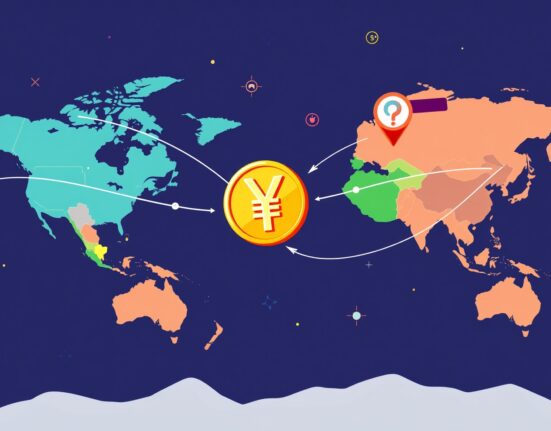 A cartoon illustration showing the secure and efficient flow of a yuan stablecoin facilitating global cross-border trade.