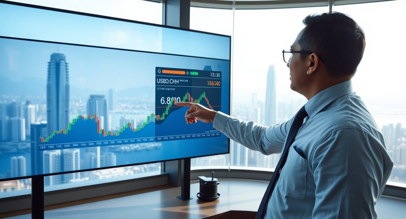 Financial analyst in Hong Kong office watching USD/CNH forex chart near 6.8000