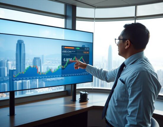Financial analyst in Hong Kong office watching USD/CNH forex chart near 6.8000