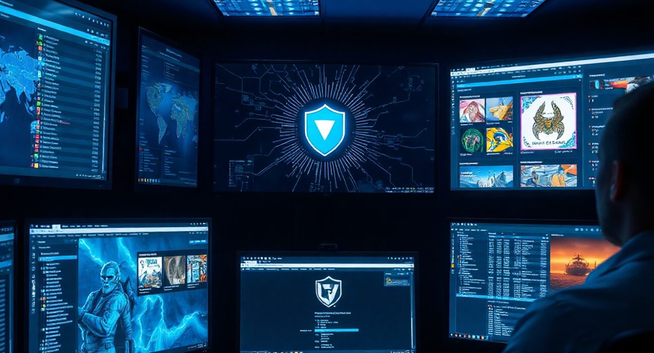 Cybersecurity monitoring station with NFT asset recovery screens and blockchain data displays