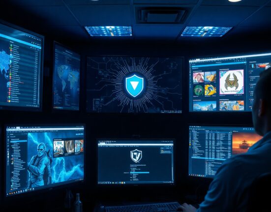 Cybersecurity monitoring station with NFT asset recovery screens and blockchain data displays