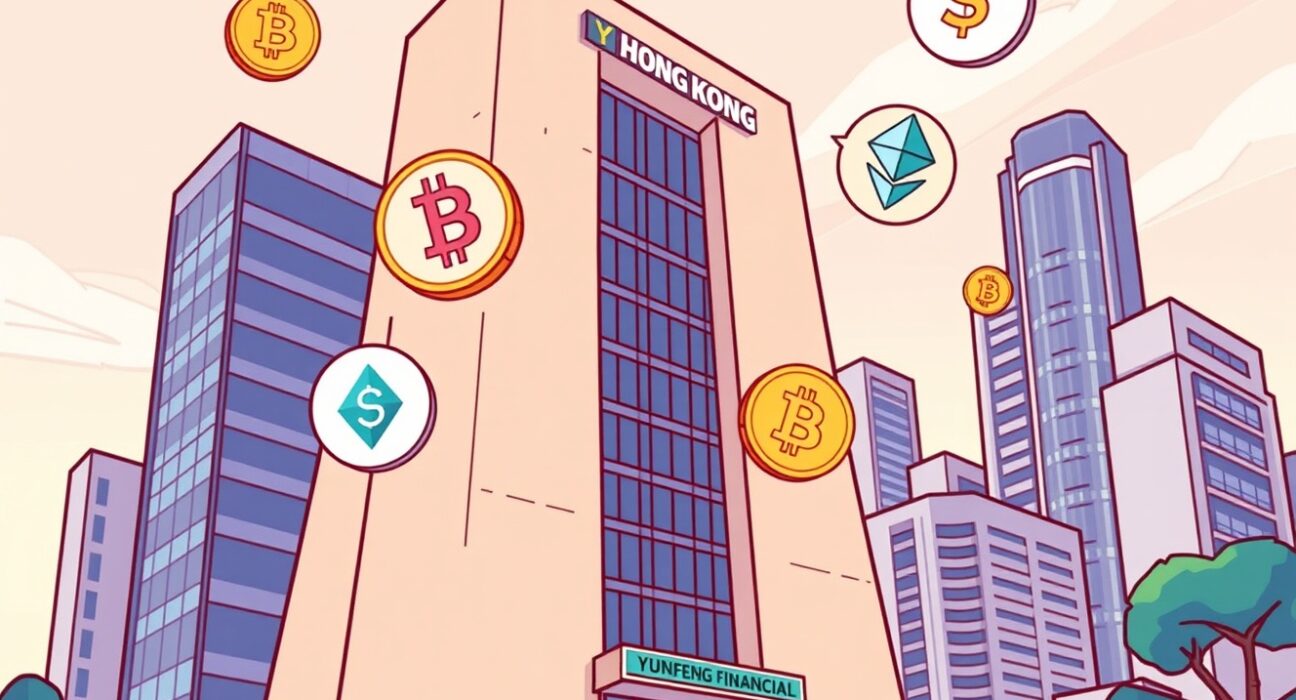A Hong Kong financial building integrating digital currency symbols, representing Yunfeng Financial's launch of new Yunfeng Financial crypto services.