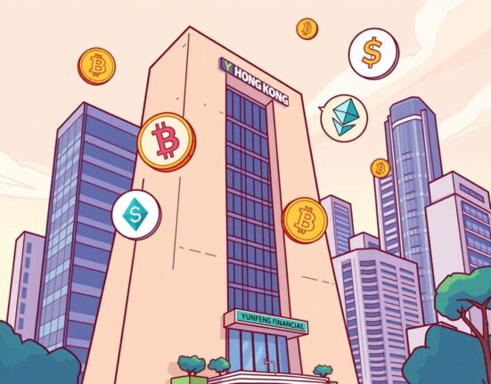 A Hong Kong financial building integrating digital currency symbols, representing Yunfeng Financial's launch of new Yunfeng Financial crypto services.