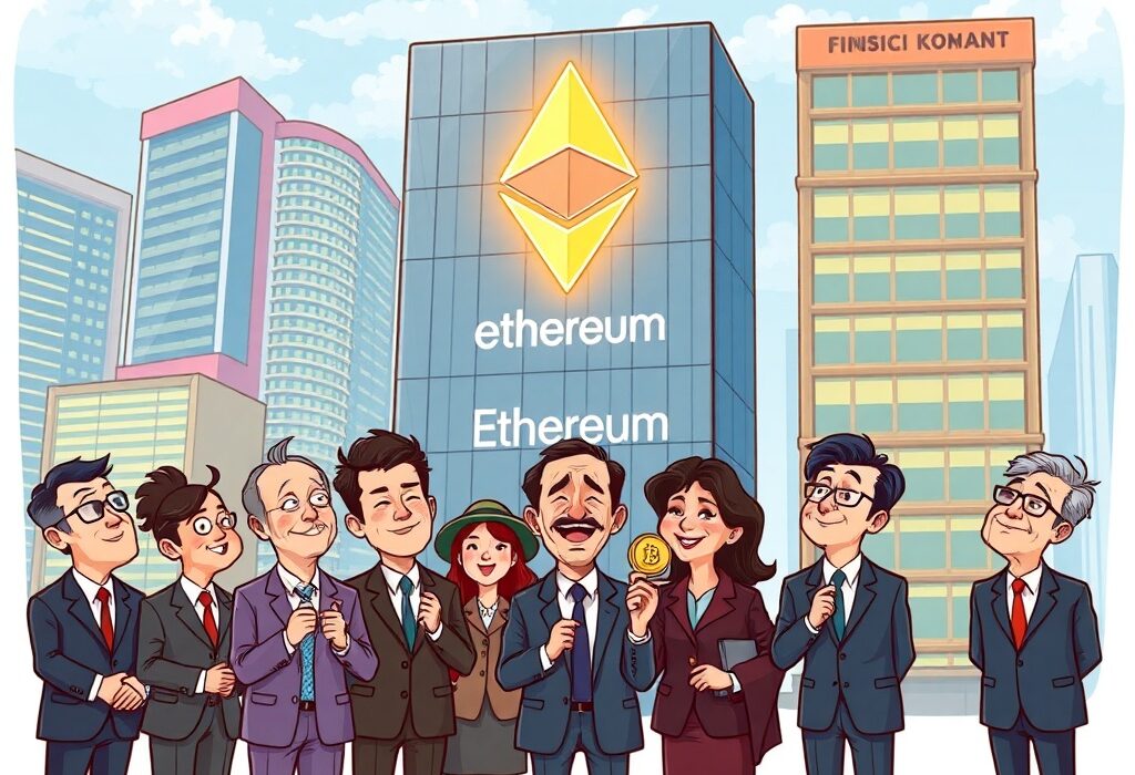 A vibrant cartoon illustration showing a Hong Kong financial building reflecting the Ethereum logo, symbolizing Yunfeng Financial's significant ETH investment.