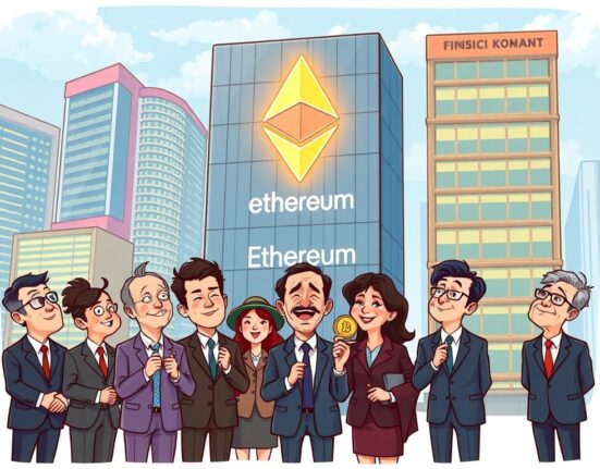 A vibrant cartoon illustration showing a Hong Kong financial building reflecting the Ethereum logo, symbolizing Yunfeng Financial's significant ETH investment.