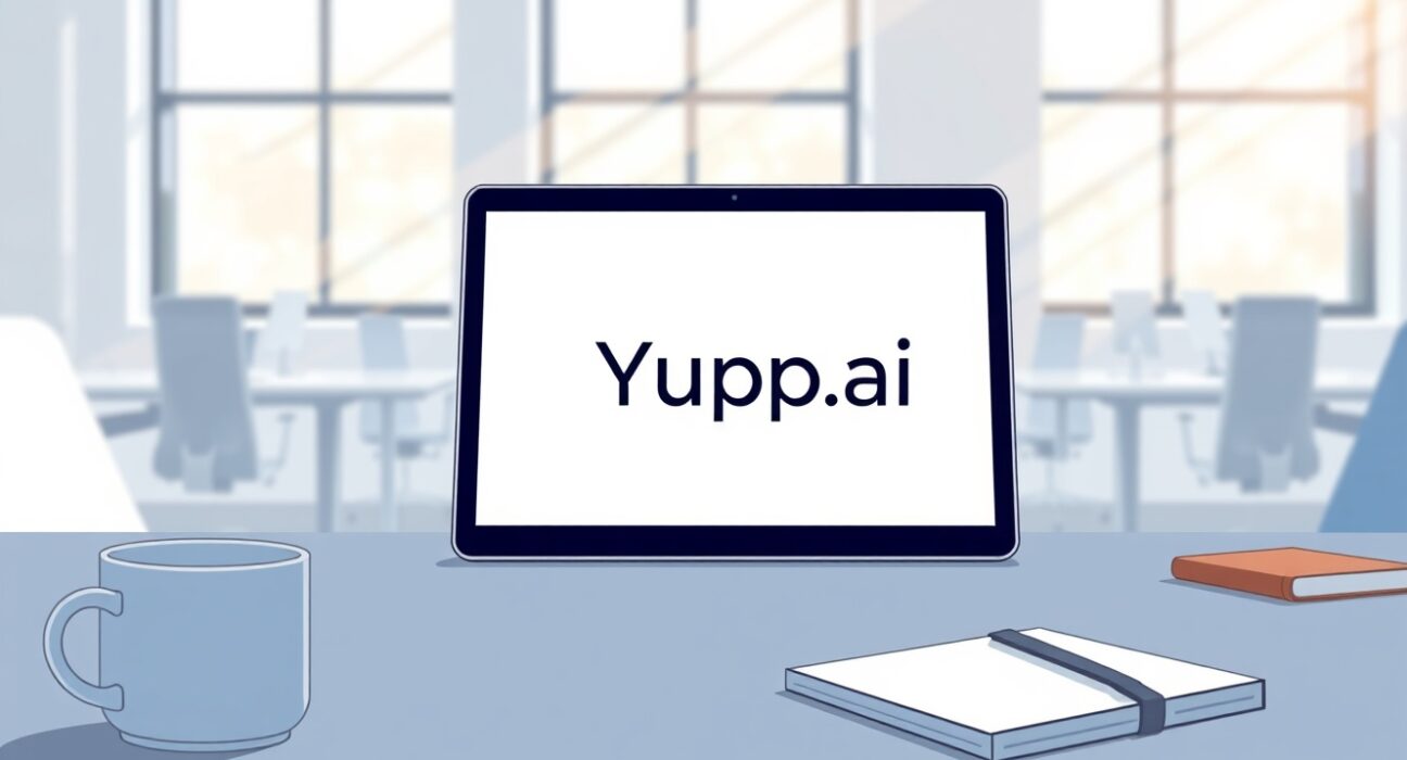 Yupp.ai shutdown depicted by a tablet with its logo powering down on a startup office desk.