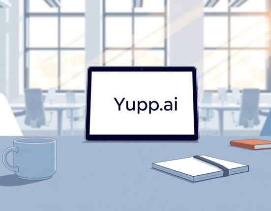 Yupp.ai shutdown depicted by a tablet with its logo powering down on a startup office desk.