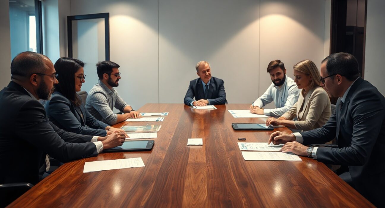 Corporate boardroom meeting with executives discussing strategic BNB accumulation