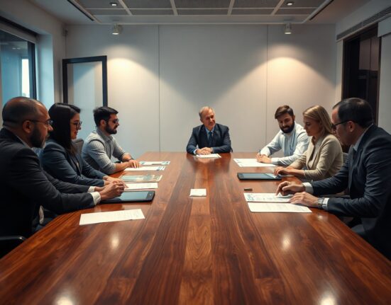 Corporate boardroom meeting with executives discussing strategic BNB accumulation