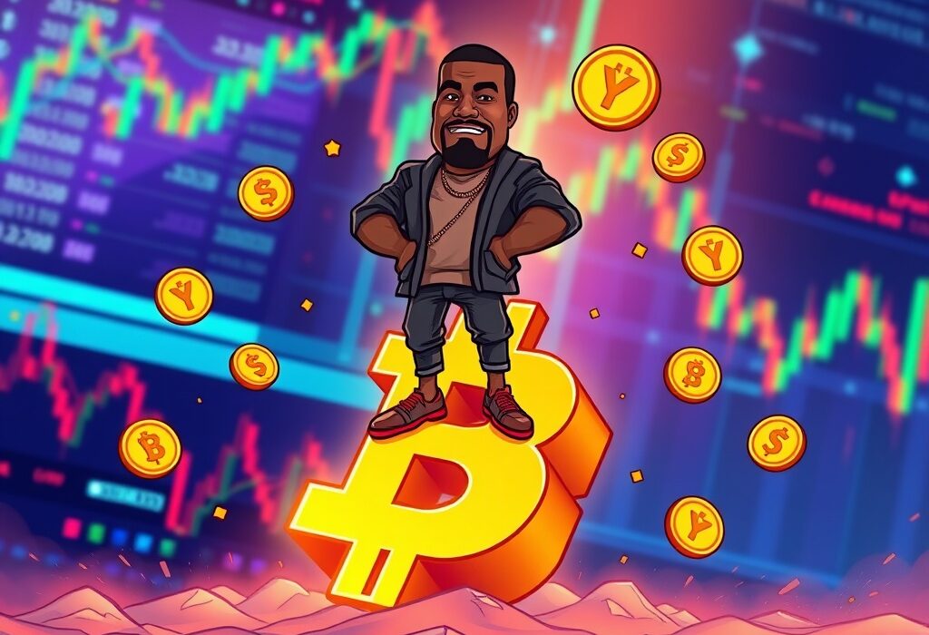 A cartoon illustration depicting Kanye West launching the YZY memecoin on the Solana blockchain, symbolizing celebrity crypto impact.