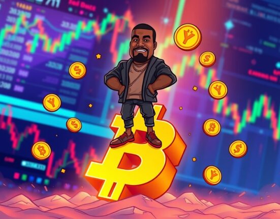 A cartoon illustration depicting Kanye West launching the YZY memecoin on the Solana blockchain, symbolizing celebrity crypto impact.