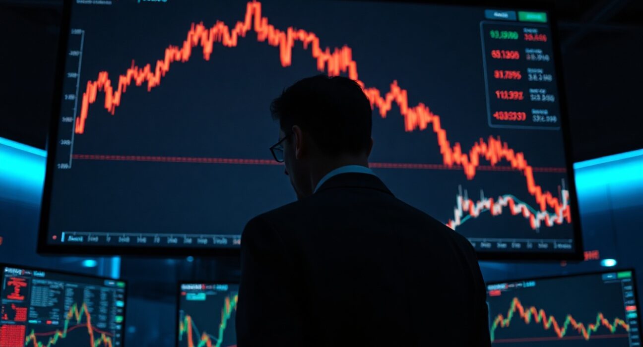 Cryptocurrency trading chart with a figure in a suit, representing market volatility and trading allegations.