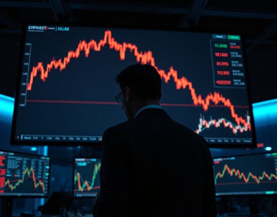 Cryptocurrency trading chart with a figure in a suit, representing market volatility and trading allegations.