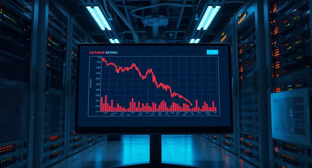 Server room with monitor showing a downward graph and warning symbol, representing exchange rating downgrade