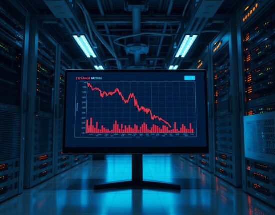 Server room with monitor showing a downward graph and warning symbol, representing exchange rating downgrade