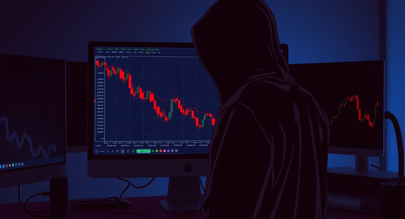 A computer screen displaying a cryptocurrency chart with a sharp red decline, with a shadowy figure in the background.