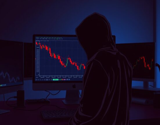 A computer screen displaying a cryptocurrency chart with a sharp red decline, with a shadowy figure in the background.